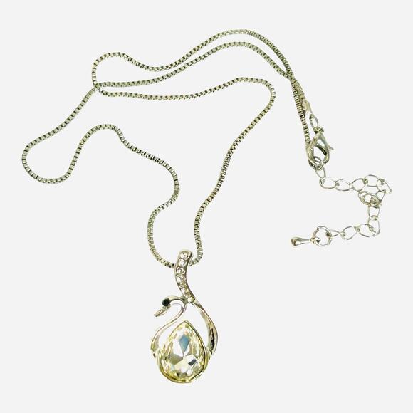Swan Large Teardrop Rhinestone Silver Tone Pendant Necklace - Picture 4 of 4